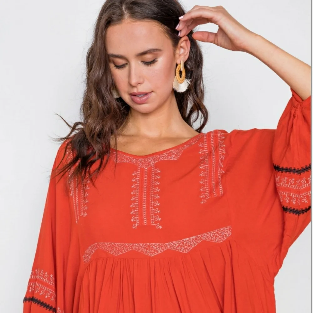 Dusty Red Embroidery Long Sleeve Boho Dress NWT - Picture 3 of 5